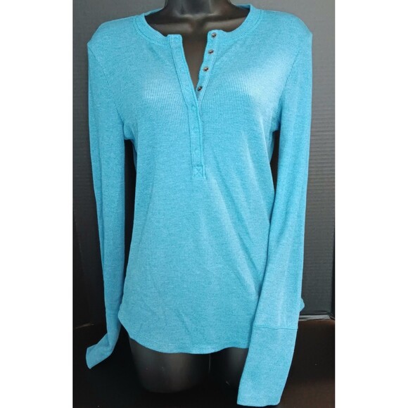 American Eagle Thermal Henley Top Women Sz Medium Layering Preppy Shirt Aqua - Picture 1 of 7